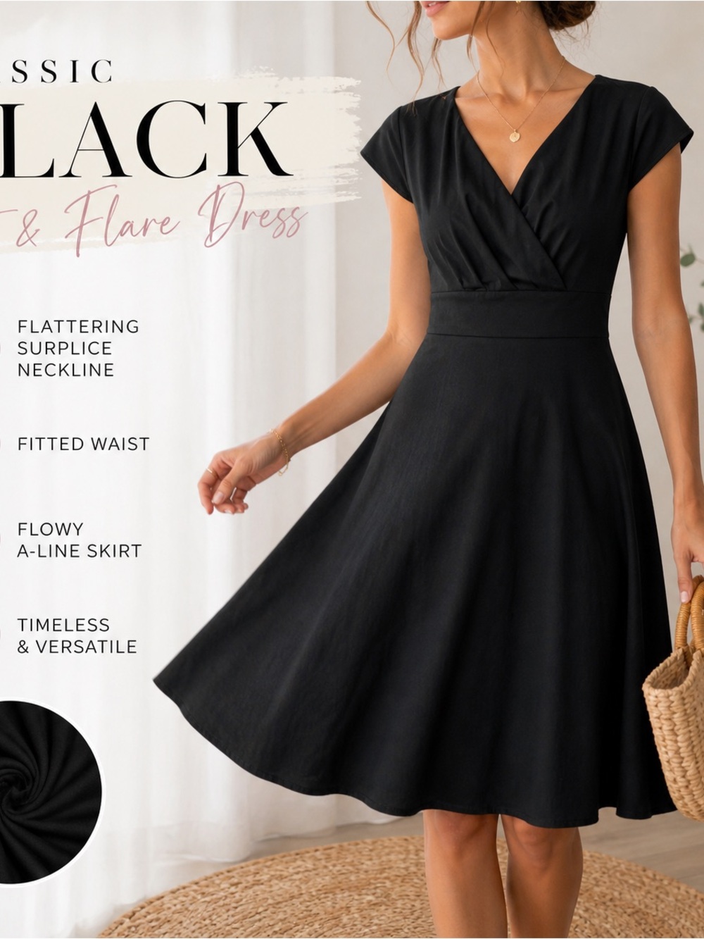 Women’s Classic Black Fit and Flare Dress Elegant Feminine Surplice Neckline XL
